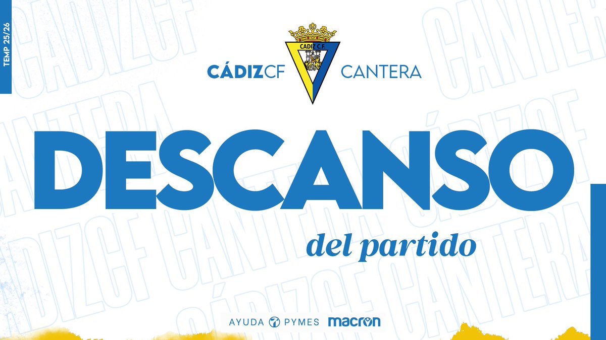 Cadiz_CFCantera's tweet photo. ⚽ JUVENIL B 3️⃣-0⃣ ARCOS C.F.

⏸️ DESCANSO

📊Segunda Andaluza Juvenil I J.28

#CanteraCadista💛💙 https://t.co/Pmej2v95xF