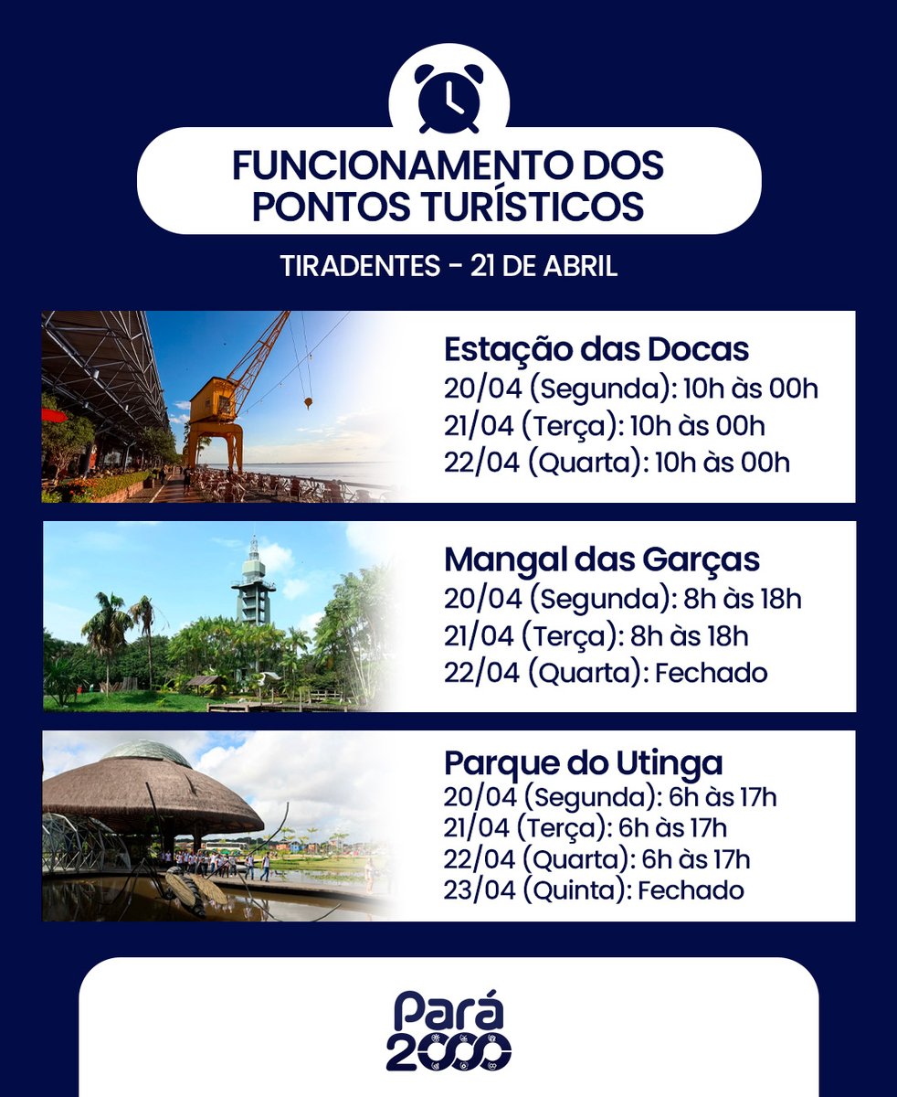 ospara2000's tweet photo. A OS Pará 2000 divulga os horários de funcionamento dos espaços Estação das Docas, Mangal das Garças e Parque do Utinga para o feriado de 21 de abril, tiradentes. 📆

ℹ  Para mais informações sobre programações acesse os perfis oficiais de cada espaço. https://t.co/7SYRsqYNGh