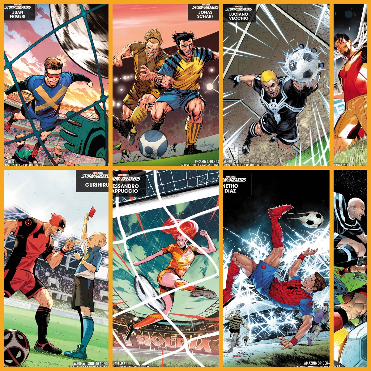 AIPTcomics's tweet image. ⚽🔥 #MarvelComics hits the pitch with NEW Soccer Variant Covers! #Avengers, #XMen, Spidey &amp;amp; more suit up, score big, and bring the action ⚡

Stormbreakers artists deliver high-energy covers across 8 titles, don’t miss these!

Preorder at your LCS! 🏆
aiptcomics.com/2026/04/17/sto…