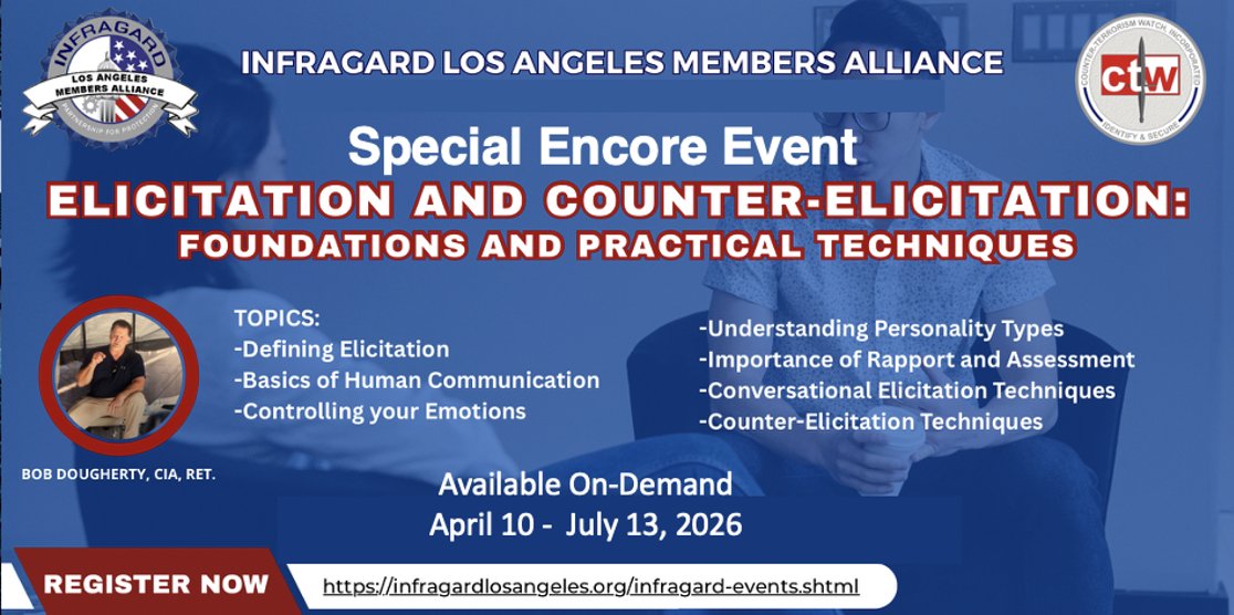 InfraGardLA's tweet photo. Join our on-demand course (Apr 10 - Jul 13, 2026) to learn how elicitation techniques are used to extract information, and how to recognize and defend against them.

Register here: https://t.co/b8WIlBmvaF

#cybersecurity #securityawareness #OSINT https://t.co/MHO6fv29iO