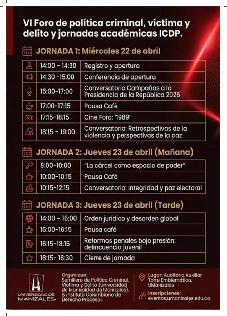 I_C_D_P's tweet photo. 📢  Pre congreso ICDP Caldas, V Foro Ariel Ortiz Correa, VI Foro de Política Criminal, Víctima y Delito

Un espacio académico para reflexionar sobre el Estado social de derecho, la democracia y los desafíos frente a los extremismos autoritarios.

📅 22 y 23 de abril
📍 Auditorio Auxiliar Torre Emblemática, Universidad de Manizales
🎟️ Entrada gratuita con inscripción previa

🔗Inscripciones: https://t.co/bOHBsXfmuD