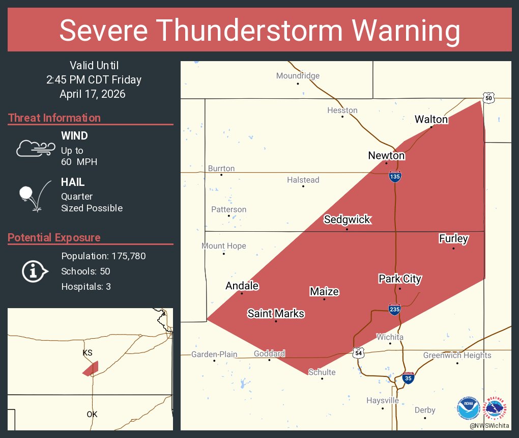 A severe thunderstorm warning has been issued for parts of Harvey County through 2:45 p.m. Wind and hail are the immediate threats associated with this storm development. However, we are also included in a tornado watch through 9 p.m. Stay weather aware.