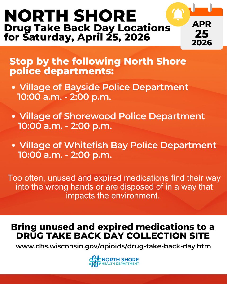 Unused or expired medications sitting around?
You're in luck! Next week is Drug Take Back Day
Bring your prescription or over the counter meds to a participating location on Saturday, April 25, 2026. Swipe to learn more.