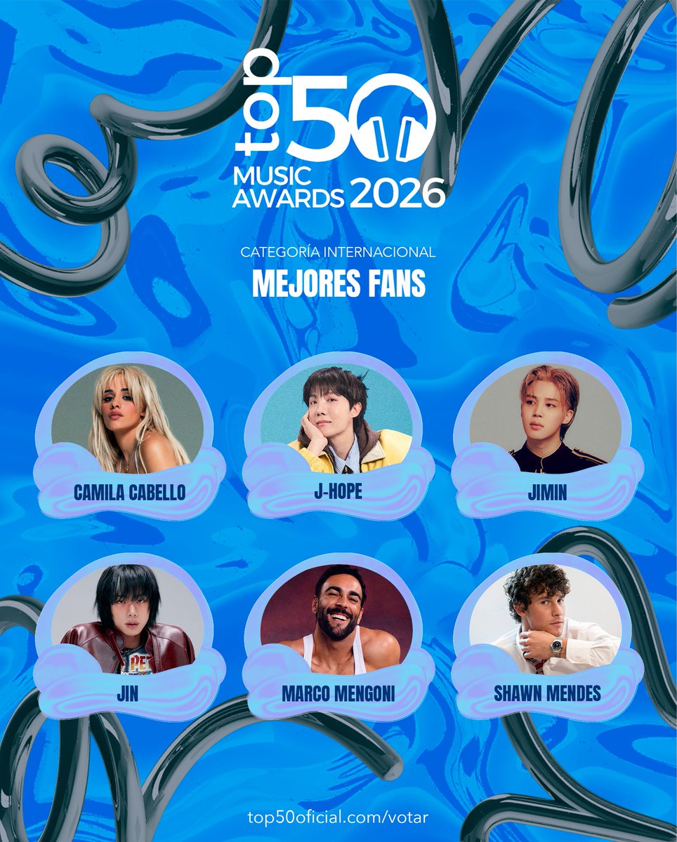 Top50Oficial's tweet photo. TOP 50 MUSIC AWARDS 2026
#TOP50MA2026

🔹 MEJORES FANS 🔹
Categoría Internacional

🔹 @Camila_Cabello 
🔹 #jhope
🔹 #Jimin 
🔹 #Jin
🔹 @mengonimarco 
🔹 @ShawnMendes 
 
— Vota por tus favoritos aquí: https://t.co/4UxzUOujCg https://t.co/wjteuOQSIa