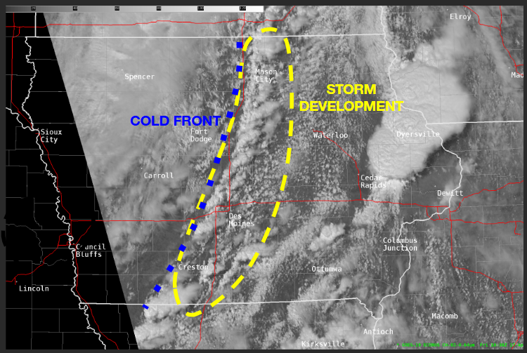 Storm development is underway now from border to border across the state along and ahead of the advancing cold front! Expect storm intensity to increase quickly over the next hour or two and move east with the front! #IAwx