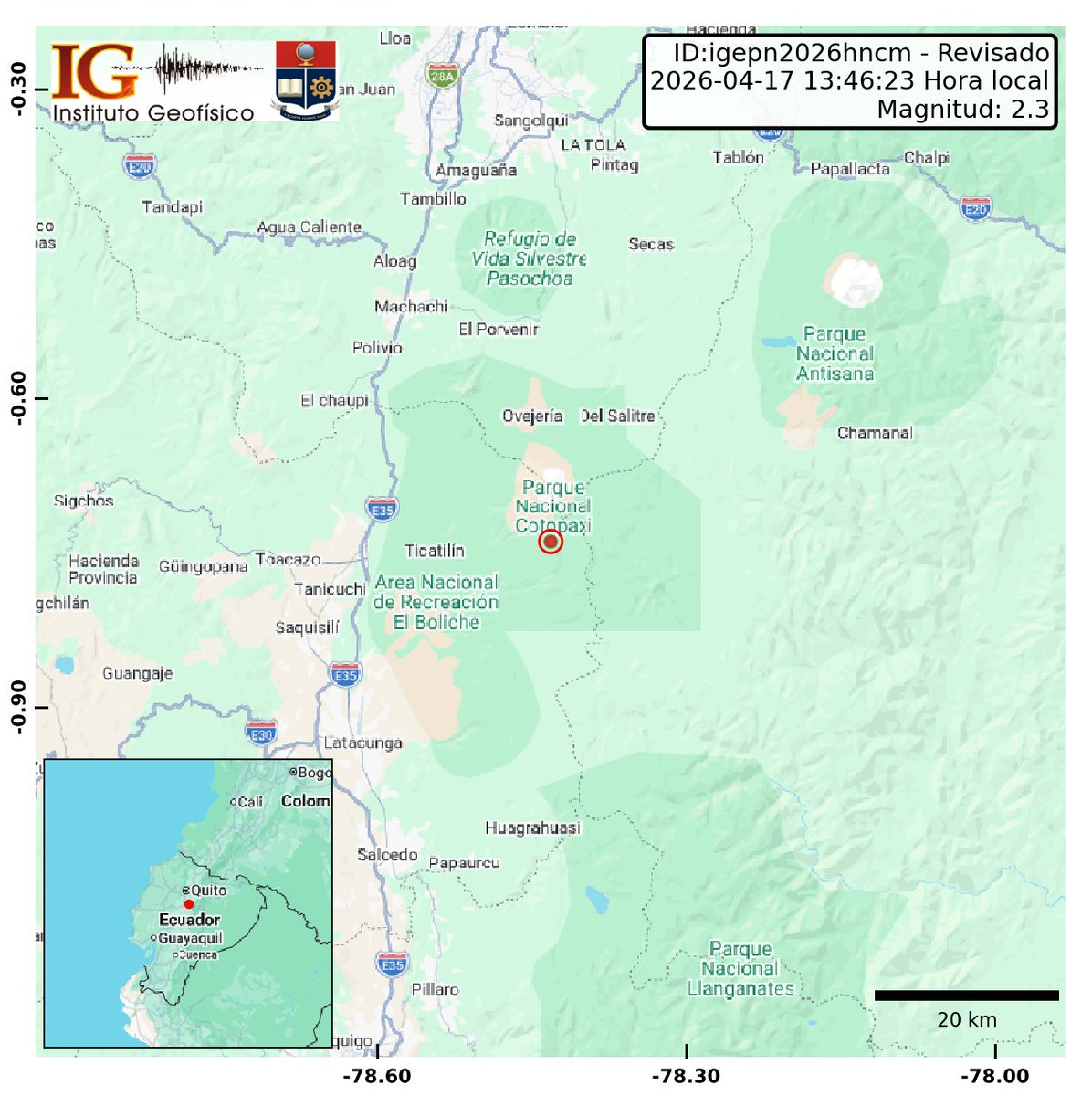 [REVISADO]
Evento: igepn2026hncm
Ocurrido: 2026-04-17 13:46:23
Mag.: 2.3MLv
Prof.: 3.0 km
Lat.: 0.739° S
Long.: 78.432° W
Localizado: a 10.68 km de Latacunga, Cotopaxi
Sintió este sismo? Repórtelo: servicios.igepn.edu.ec/url/NzYxOA==