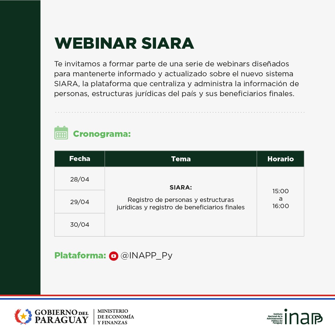 📢 El #MEF realizará tres webinars sobre la implementación del #SIARA
🗓️ 28, 29 y 30 de abril
⏰ 15:00 
Se abordará el registro de personas y estructuras jurídicas, beneficiarios finales y organizaciones sin fines de lucro.

Más Info 🔗 goo.su/sRz4f2