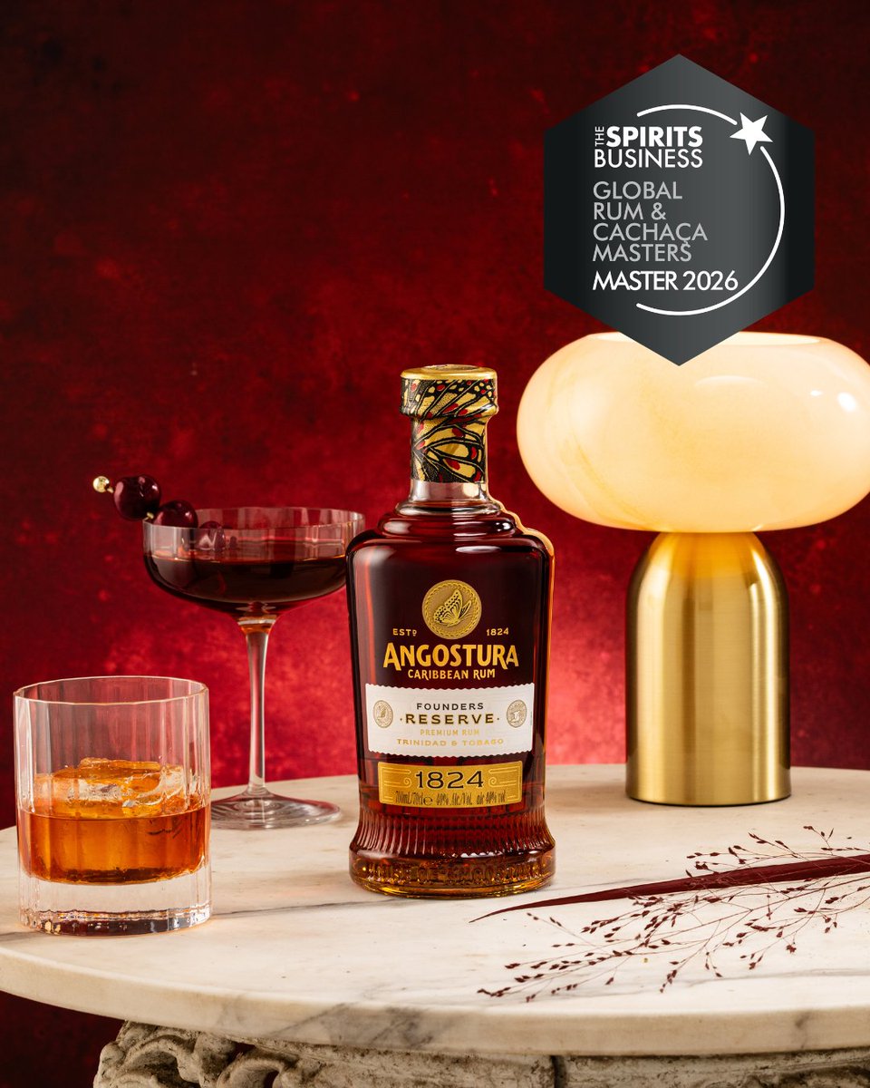 Angosturatt's tweet photo. Our rums have secured outstanding international recognition at The Spirits Business Rum & Cachaça Masters 2026, receiving seven accolades for its premium rum range. 

The company earned a total of two MASTER, three GOLD, and two SILVER medals from a total of seven entries. The competition’s highest distinction, the MASTER medals were awarded to Angostura Founders Reserve 1824® and Angostura® 15-year-old.

 #Angostura
 #premiumspirits