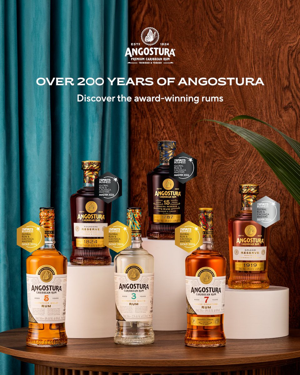 Angosturatt's tweet photo. Our rums have secured outstanding international recognition at The Spirits Business Rum & Cachaça Masters 2026, receiving seven accolades for its premium rum range. 

The company earned a total of two MASTER, three GOLD, and two SILVER medals from a total of seven entries. The competition’s highest distinction, the MASTER medals were awarded to Angostura Founders Reserve 1824® and Angostura® 15-year-old.

 #Angostura
 #premiumspirits