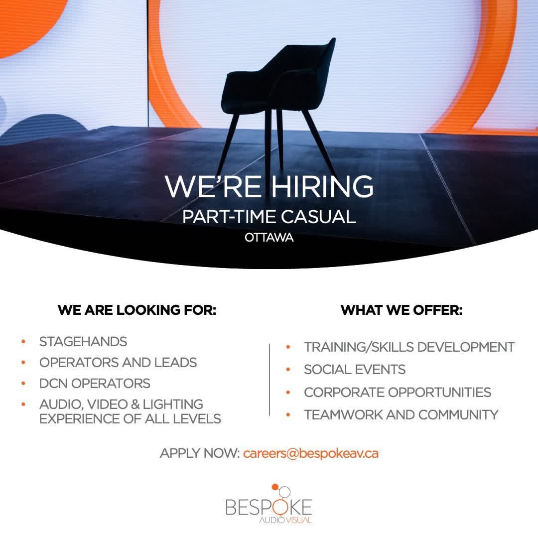 bespokeav's tweet image. We are recruiting for several part-time casual roles in #Ottawa, including:

• Stagehands
• Operations and leads
• DCN operators
• Audio, video &amp;amp; lighting experience of all levels

To apply, please send your resume to careers@bespokeav.ca.

#BespokeAV #eventprofs