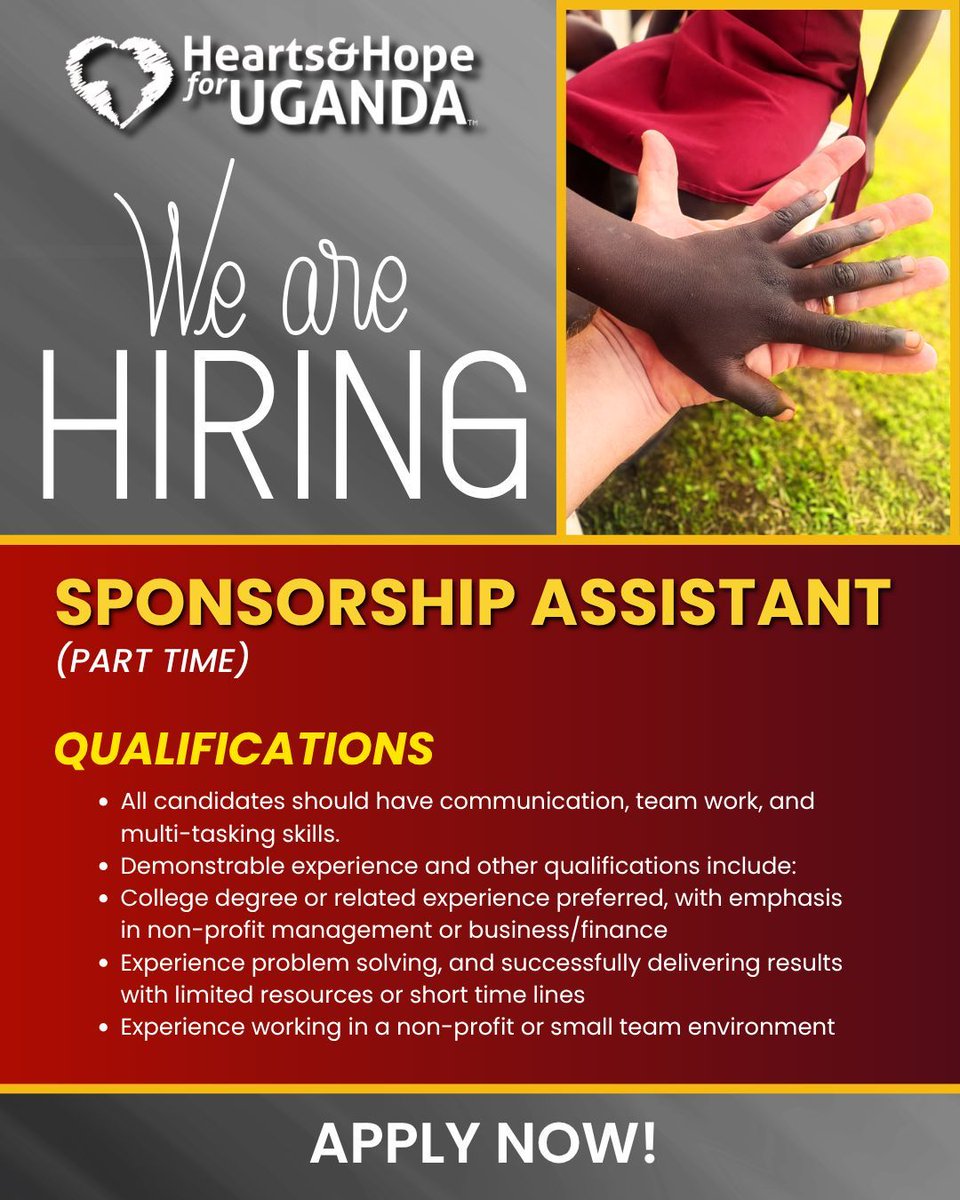 Do you love working with people and being part of something bigger than yourself? We are looking for a part-time Sponsorship Assistant to help us manage our programs and support the incredible communities we serve in Uganda.

Apply now! 
heartsandhope.org/joinourteam