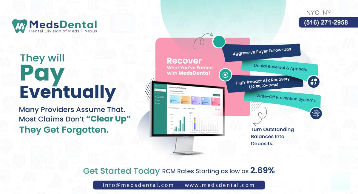 MedsDental's tweet image. “They’ll pay eventually” is a costly assumption in #dental billing.

Unfollowed #claims don’t disappear , they turn into lost revenue.

With #MedsDental A/R management, every unpaid balance is tracked and recovered.

Stop waiting. Start collecting.
🔗medsdental.com