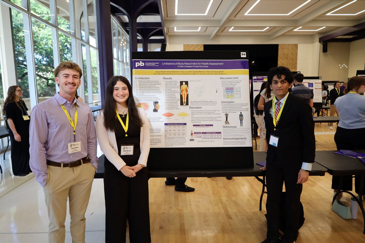 PBRCNews's tweet photo. #LSU students Miriam Bustami, Tyler Louviere and Ayush Patel, who worked with Dr. Steven Heymsfield at Pennington Biomedical, presented “Limitations of Body Mass Index for Health Assessment in Elite Collegiate Female Gymnastics” at #LSUDiscoverDay #LSUresearch #PBRCresearch https://t.co/C8lkf0Vzor