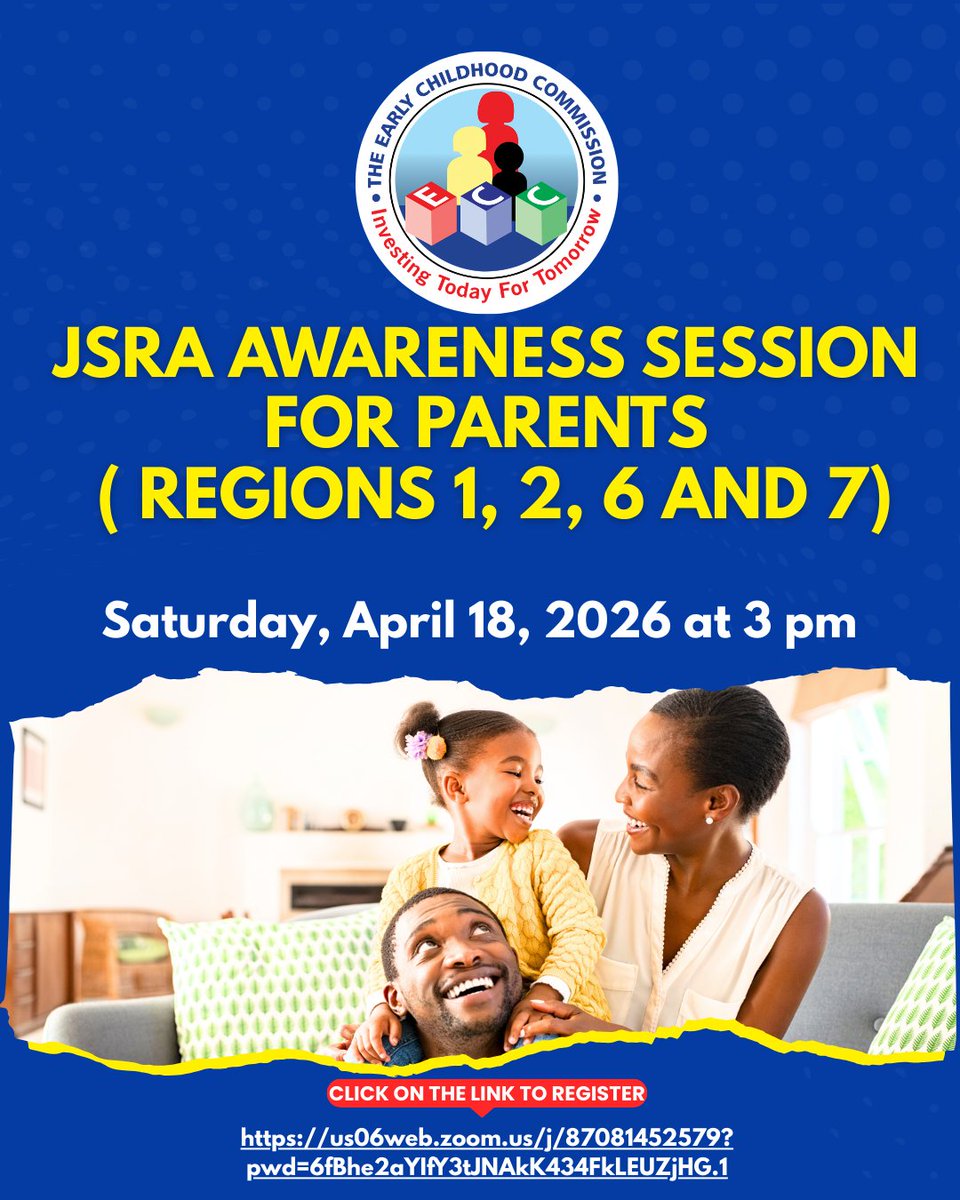 ECCJA's tweet image. ⏰📢 Parents &amp;amp; Caregivers, don’t miss this important session! 📢⏰

Join us for a Jamaica School Readiness Assessment Awareness Session for Parents

🗓 Saturday, April 18, 2026
🕒 3:00 PM | 💻 Zoom

🔗 Join here: us06web.zoom.us/j/87081452579?…

#JSRA #ECC #12StandardsMatter