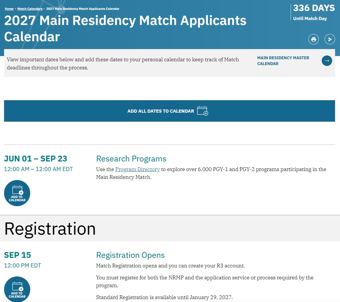 TheNRMP's tweet image. The #Match2027 calendar has been published for residency applicants! ow.ly/Ylkx50YLht1

This is one of the most accessed resources on our website so check it out to stay on track with Match events and deadlines! 

#MedStudent #IMG #MedEd #NRMP