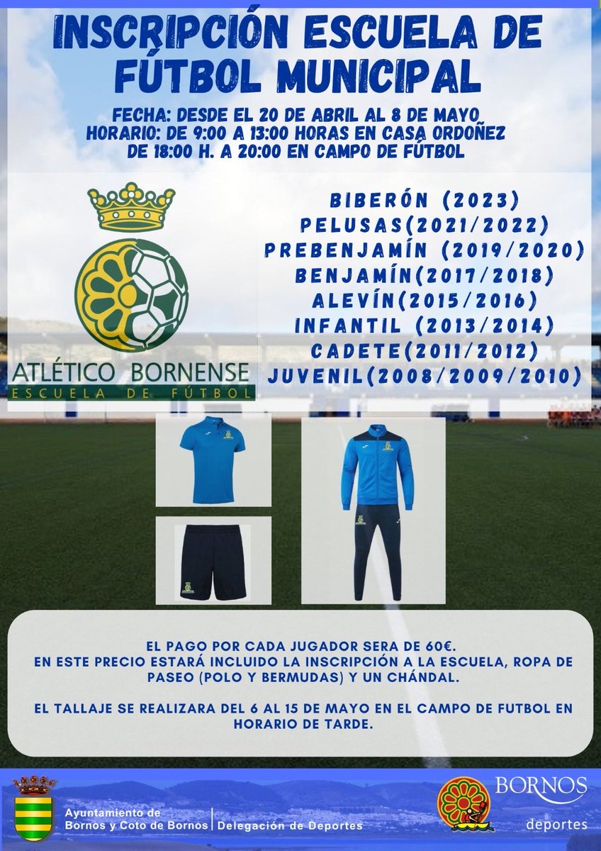 UDBornense's tweet photo. ¿Te gusta el fútbol? ¿Quieres aprender, mejorar y disfrutar en equipo? 💪
La Escuela de Fútbol Municipal de Atlético Bornense abre sus puertas para una nueva temporada llena de ilusión, deporte y compañerismo.
👦👧 Categorías para todas las edades. https://t.co/F2XmHdOZZN