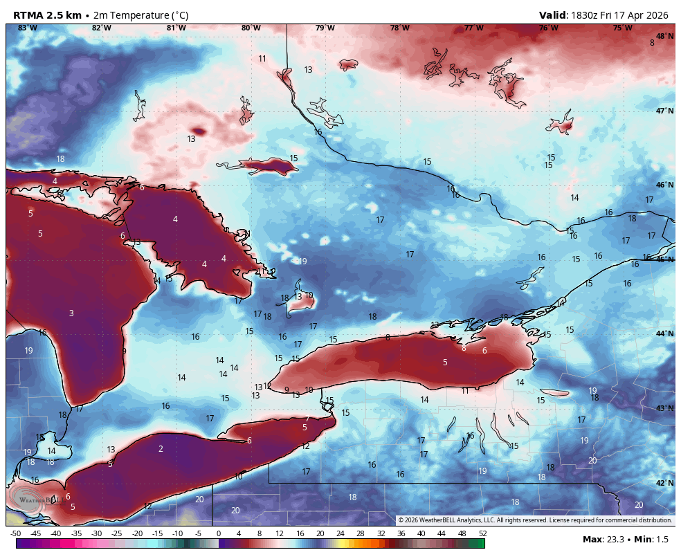 WxOntario1's tweet image. Beauty of a Spring day out there across Southern #Ontario!

Widespread temps in the upper teens/ near 20C

SE wind keeping parts of the shorelines and West #GTA a tad cooler

Mainly sunny skies with some passing clouds 

Enjoy, more rain arrives tomorrow then risk of snow Sunday