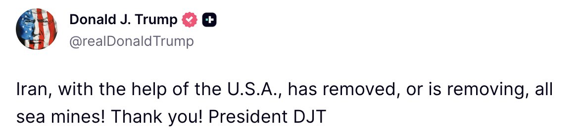 MRcpn7's tweet image. 🔴Trump:

Iran, with the help of the U.S.A., has removed, or is removing, all sea mines! Thank you!

#IranWar‌ #USA #Irán