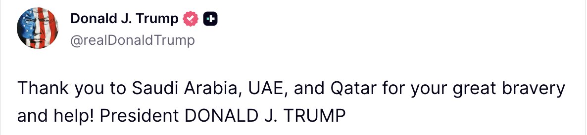 MRcpn7's tweet image. 🔴Trump:

Thank you to Saudi Arabia, UAE, and Qatar for your great courage and help!

#KSA #uae #qatar
