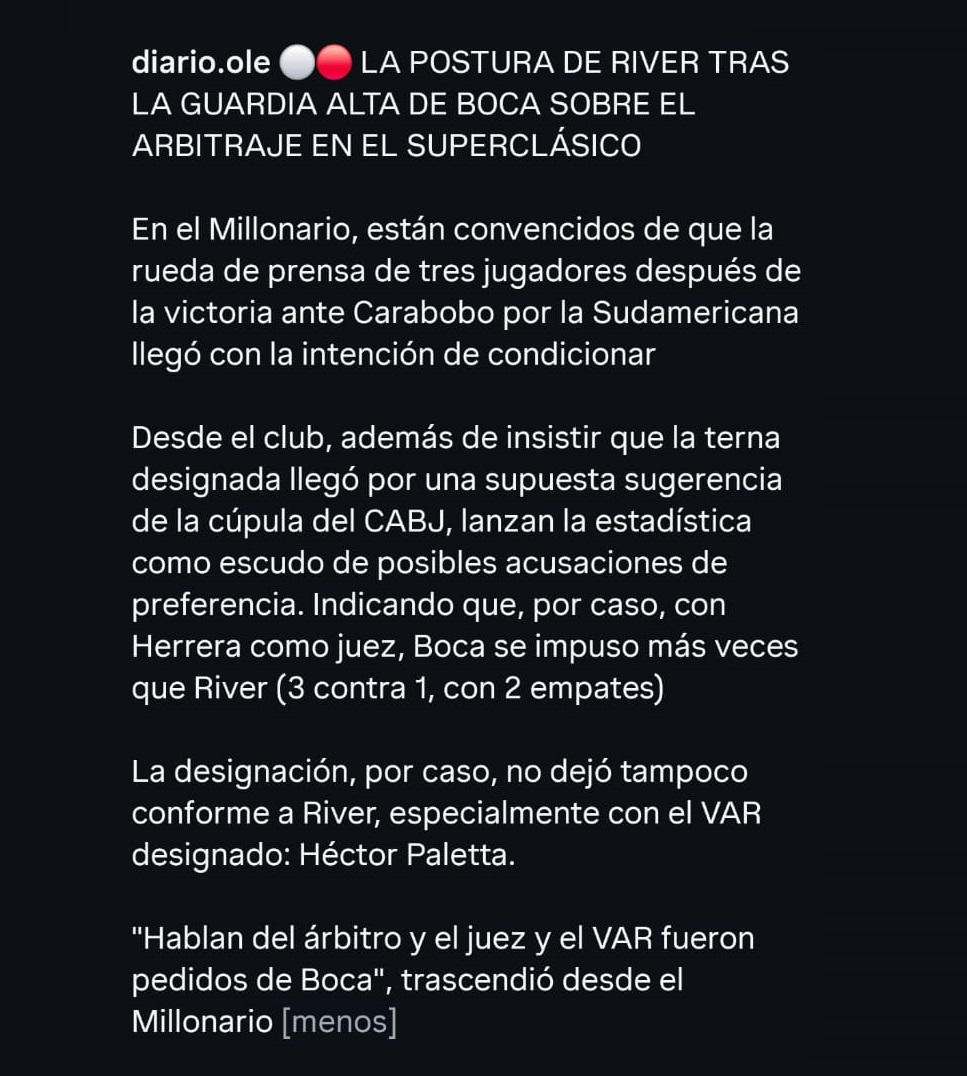 Para que no queden dudas: por el lado de Boca hablaron tres jugadores y por el lado de River habla Olé, quien esconde todas sus fuentes y se asume como vocero de los de Nuñez. Más claro no puede ser.