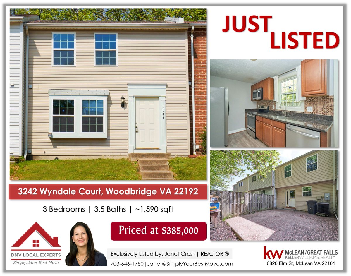 JanetGresh's tweet photo. JUST LISTED!  3242 Wyndale Ct, Woodbridge, VA 22192
3 beds  |  3.5 baths  |  ~ 1,590 sqft
Priced at $385,000 🌷🏡💲🌞

This delightful 3-bedroom, 3.5-bath townhome is ready for its next lucky owner. 

PHOTOS &amp; DETAILS: https://t.co/AE9KoJ3hUW

Contact Janet Gresh @ 703-646-1750 https://t.co/fkG3nmTc8u