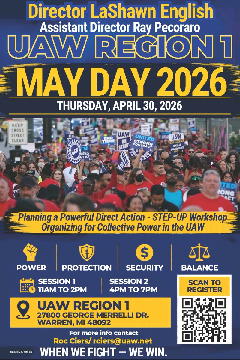 UAWRegion1's tweet photo. Join us for UAW Region 1 May Day 2026 on April 30!
Let’s build power together through action, organizing, and unity.
Two sessions available — come out and be part of the movement.
When we fight — we win. https://t.co/PT4UamcJa8