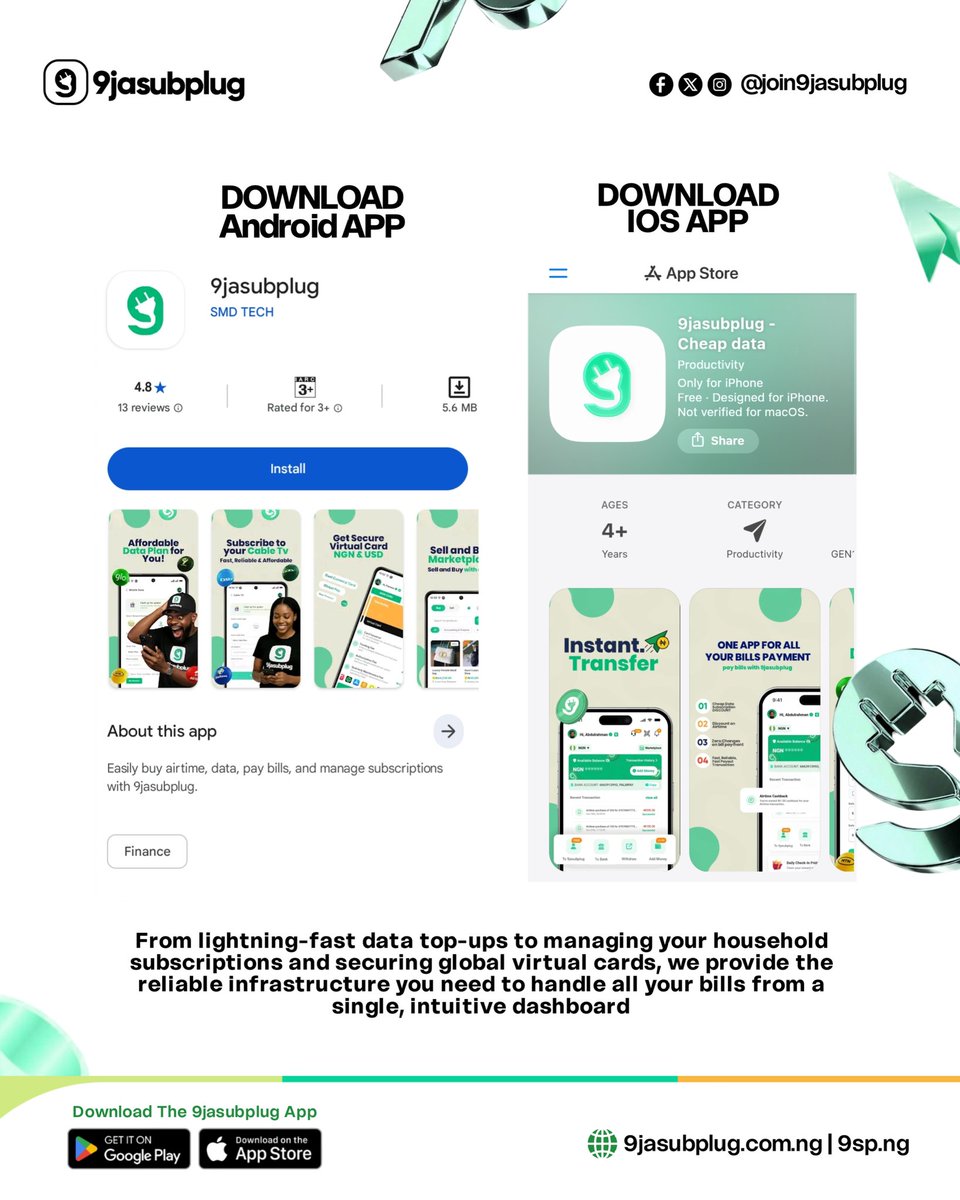 join9jasubplug's tweet photo. From lightning-fast data top-ups to managing your household subscriptions and securing global virtual cards, we provide the reliable infrastructure you need to handle all your bills from a single, intuitive dashboard https://t.co/RodIjyDYwL