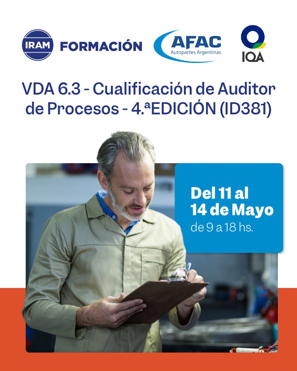 afac_autopartes's tweet image. Seguimos capacitando junto a @IRAMoficial e IQA - Instituto da Qualidade Automotiva 👉"Cualificación de Auditor de Procesos (4.ª edición)"

📅 11 al 14 de mayo
🕘 9 a 18 hs.

#capacitacion #calidad #vda #auditor