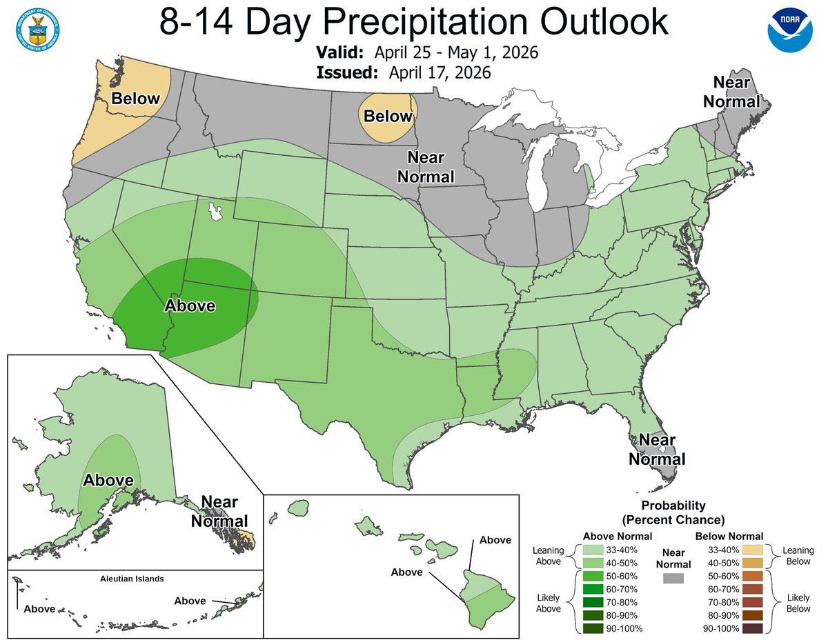 Friday April 17, 2026, 12:04 PM: There it is! What we just discussed in our discussion this morning and the last few days.  The latest CPC is on board a wet pattern for all of California and southern California and the Southwest is on the way starting next week and the week