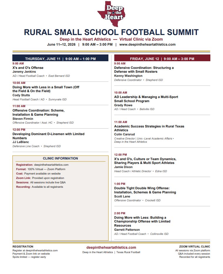 DITHathletics's tweet photo. We are EXCITED to announce that registration is now open for our First Rural Football Summit! 
Please go to https://t.co/OO6IucvnN6 
(Hit the Registration Tab) - Door Prizes Each Day
@Matt_Stepp817 @CodyStutts @coach_jdixon @bellville_rowe @CoachFirmin @gpatt1212 @THSCAcoaches https://t.co/9o7J9jtTpG