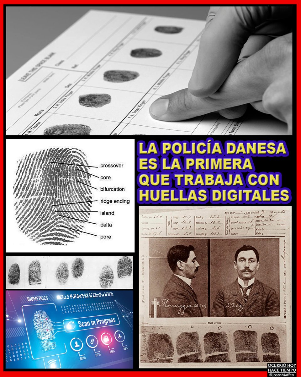 JostoMaffeo's tweet photo. 🔎☝️ HUELLAS DIGITALES
18 Abril 1902. #Dinamarca primer país cuya #policía utiliza #huellas digitales para identificar a #criminales.
La #dactiloscopia, fundada en estudios del inglés William #Gershel, es un unívoco método de identificación que se difundirá en todo el mundo. https://t.co/mzVF3QKKZg