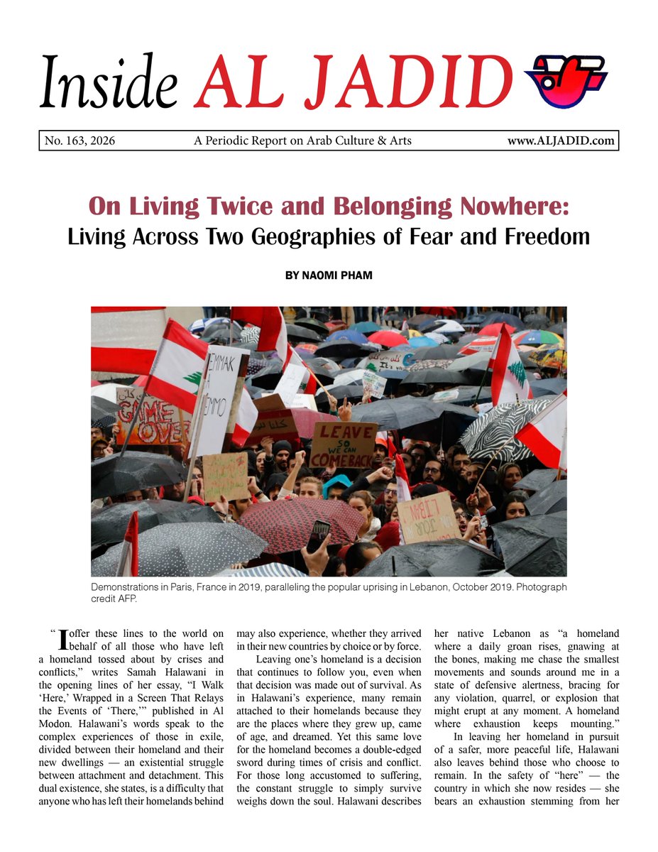 aljadidmag's tweet photo. On Living Twice and Belonging Nowhere: Living Across Two Geographies of Fear and Freedom 
https://t.co/iHX1cjG7Av https://t.co/RlggScTdfW
