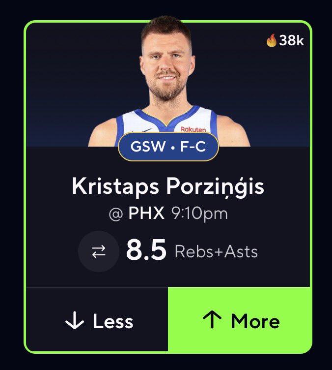 WyzeProps's tweet photo. NBA POTD 🏀 🔐 

Kristaps Porzingis “O” 8.5 RA 🌟 

(305-131) Record 🔥 

#PrizePicks | #DailyFantasy https://t.co/jBOvGNbgEZ