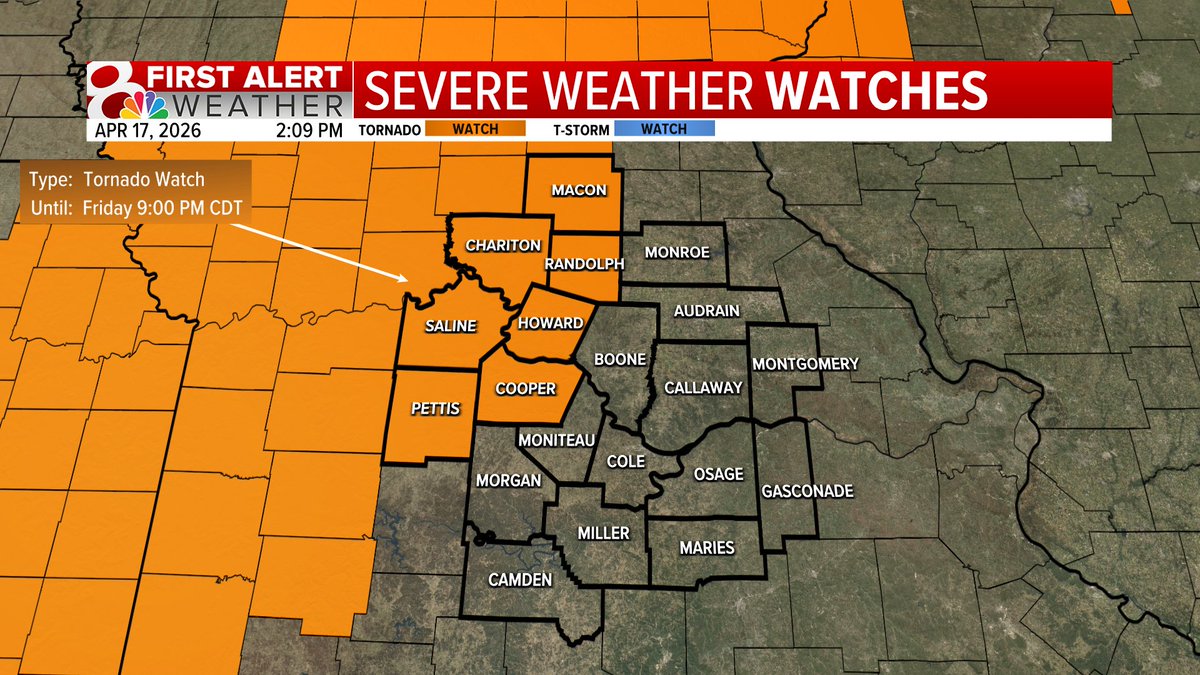 KOMUMatt's tweet image. 2PM Friday: A Tornado Watch is in effect until 9PM Friday for areas along and west of Highway 63. Additional watches are likely later this evening across more of the KOMU 8 Viewing area. #MidMoWx #MoWx #MidMo