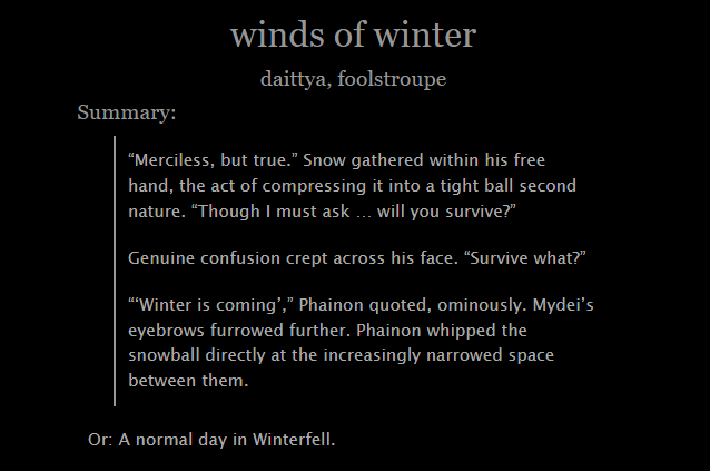 F00LSTROUPE's tweet photo. winds of winter 
⸺ @F00LSTROUPE &amp; @daiittya 

・ #phaidei
・ teen &amp; up 
・ 1/1 completed (5k words)
・ https://t.co/IA2CFMp9H0

thank you to the anonymous donor and @PhaideiForGaza <333 https://t.co/s3Nt5IoMbG