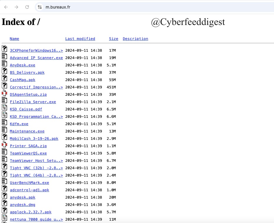 cyberfeeddigest's tweet image. #Opendir  .EXE and .APK files like 
"Advanced IP Scanner.exe" ,"AnyDesk.exe"
hxxps://m.bureaux.fr/
Handle with Caution
Good source for #Malware analysts.