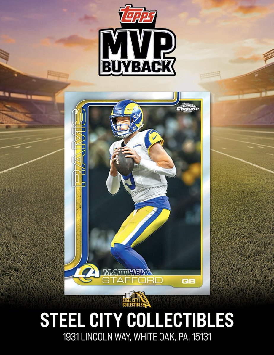 SCCRetailStore's tweet image. Turn your Matthew Stafford 2025 Topps Chrome cards into even more trading cards with the NFL MVP Buyback!

Click here for store hours and directions 👉 scc.shopping/4j7fFtn

@Topps #Topps #TheHobby