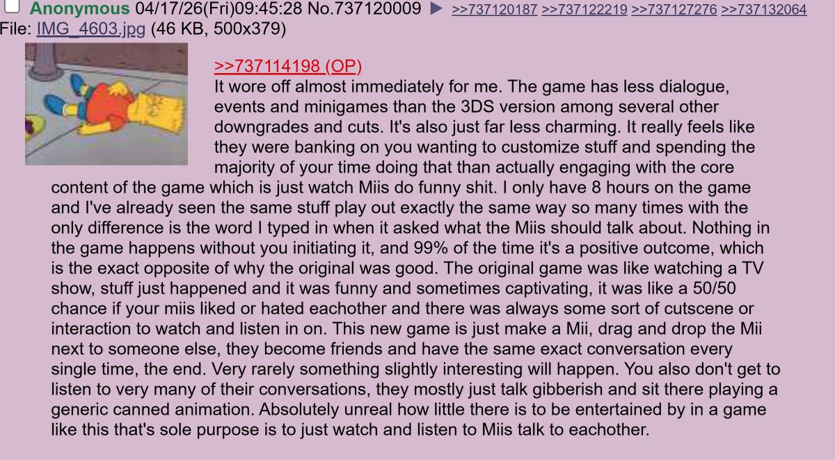 They ruined Tomodachi Life Living the Dream by making it just another god sim like Animal Crossing. No sharing Mii's which was a core feature, the zaniness, the flavor, everything that made this a unique game gone.