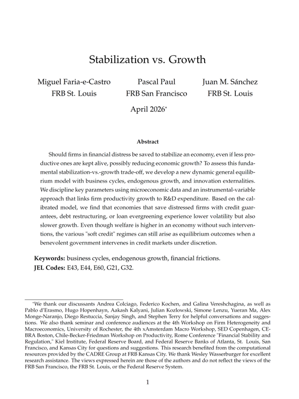 Super interesting!

"Stabilization vs. Growth" by Miguel Faria-e-Castro, Pascal Paul, and Juan M. Sánchez.

"Should firms in financial distress be saved to stabilize an economy, even if less productive ones are kept alive, possibly reducing economic growth? To assess this