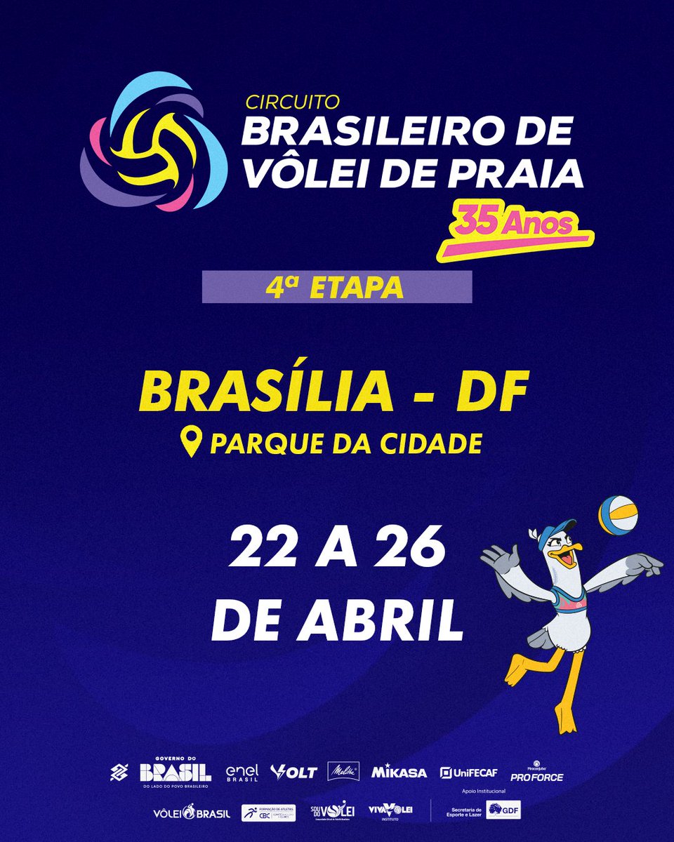 volei's tweet photo. Na capital do Brasil! 💚

A 4ª etapa do Circuito Brasileiro de vôlei de praia chega à Brasília para dias de muito vôlei no coração do país. 

Anota na agenda: de 22 a 26 de abril, no Parque da Cidade, o vôlei nacional vai fazer a arquitetura icônica tremer. https://t.co/f39tOzdoc2