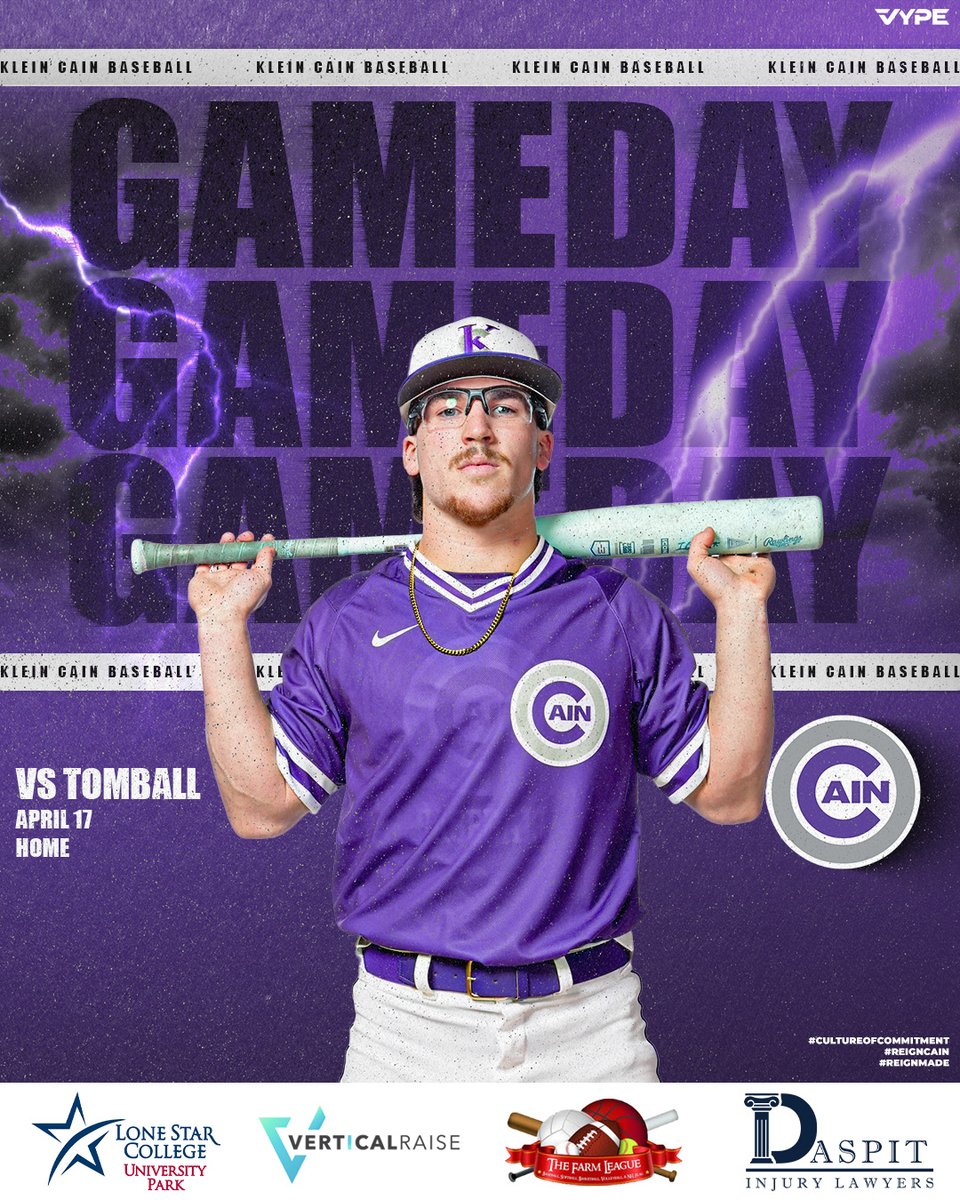 KCainBaseball's tweet photo. ⛈️PURPLE REIGN FORCASTED⛈️
Come out to the ballpark tonight at 7:00pm as the boys take the field at home against Tomball. 
This is also a special night as we will honor our First Responder and Military members prior to the start of the game. LETS GO!
#REIGNCAIN #PROVEIT https://t.co/RCxt5ZqrLh
