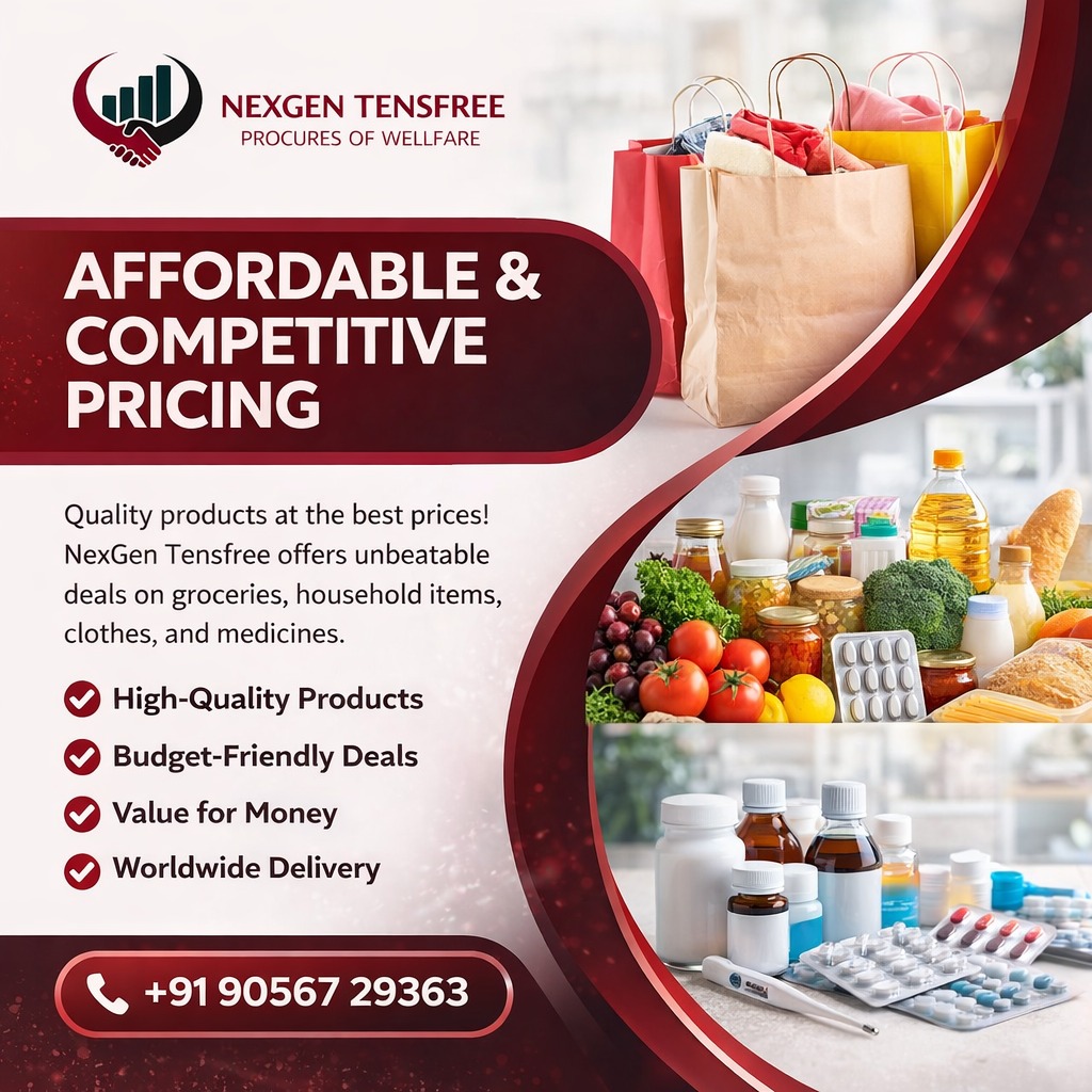 Ngentensfree's tweet image. Quality products at unbeatable prices! NexGen Tensfree brings you affordable deals on groceries, household items, clothes &amp;amp; medicines with worldwide delivery. Best value for money every time. 🛍️💰

📞 +91 90567 29363

#AffordableDeals #CompetitivePricing #GroceryDeals