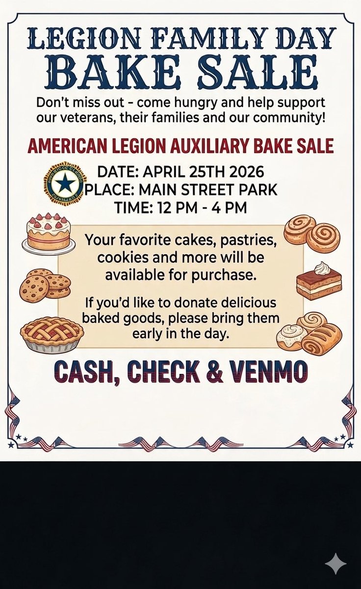 SHidesertdog's tweet photo. LEGION FAMILY DAY BAKE SALE
Don't miss out - come hungry and help support our veterans, their families and our community!
APRIL 25TH 2026 @ MAIN STREET PARK @ 12 PM - 4 PM If you'd like to donate delicious baked goods, please bring them early in the day. 10-12
CASH, CHECK &amp; VENMO https://t.co/0zYojWY2lB