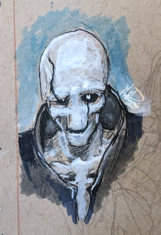 NullPoiesis's tweet image. A quick study of Gaster on toned paper, from the corner of my sketchbook. Conte, ink, marker, watercolour, white ink. 8cm tall.

Gaster was meant to have a shirt on, but the anatomist or detail-oriented creature aspect in me couldn't resist. Asymmetry as well.

#Gaster #Sketch