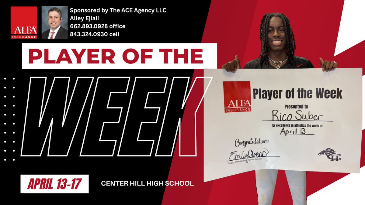 CoachOwensCHHS's tweet photo. Rico Suber is your ACE Agency Player of the Week (April 12-17) after a 3‑for‑4 day with 5 RBIs, 3 runs, and a grand slam in a huge comeback win vs. Olive Branch! 🏆⚾
Big time performance! 💥 https://t.co/ZDEQD1tZoY