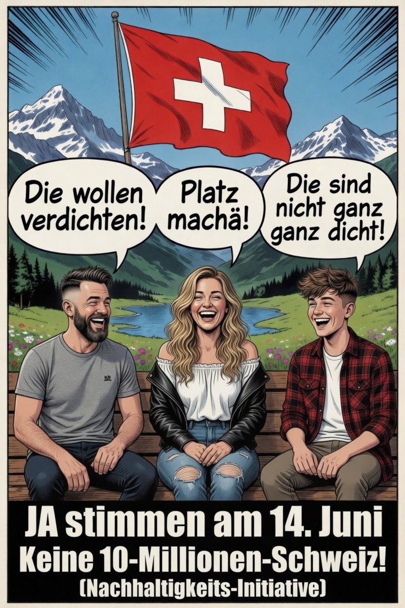🇨🇭 Jetzt 1x für sich selber schauen 😉🏡

JA am 14. Juni
Keine 10-Millionen-Schweiz!
(Nachhaltigkeits-Initiative)

OUI le 14 juin
Pas de Suisse à 10 millions !
(initiative pour la durabilité)

SÌ il 14 giugno
No a una Svizzera da 10 milioni!
(iniziativa per la sostenibilità)