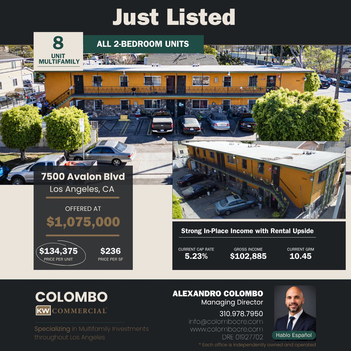 AlexColomboCRE's tweet photo. 7500 Avalon Blvd

8 units | all 2BR  
$134K/unit  
5.23% cap | 10.45 GRM  

Clean basis.  
Real income.  
Rent roll not pushed.

Operator deal.

Reach out directly for the OM. https://t.co/oy9edd17Nz