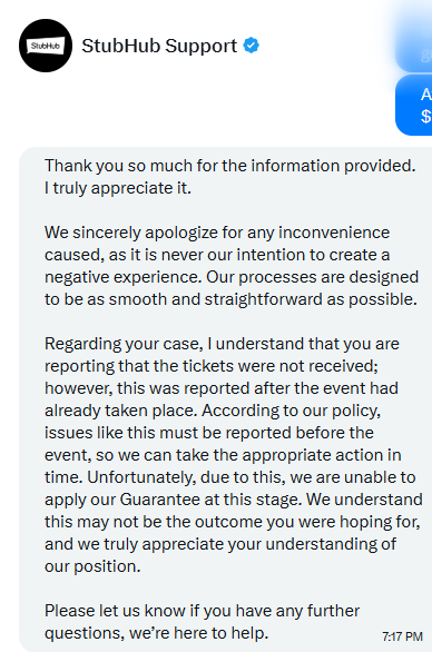 sammendelsohn's tweet photo. @StubHub You guys are such scammers. Pretending to help then doing nothing.  Don't lie. Just admit you thief people. It's ok Bernie. https://t.co/PnDohPuEed