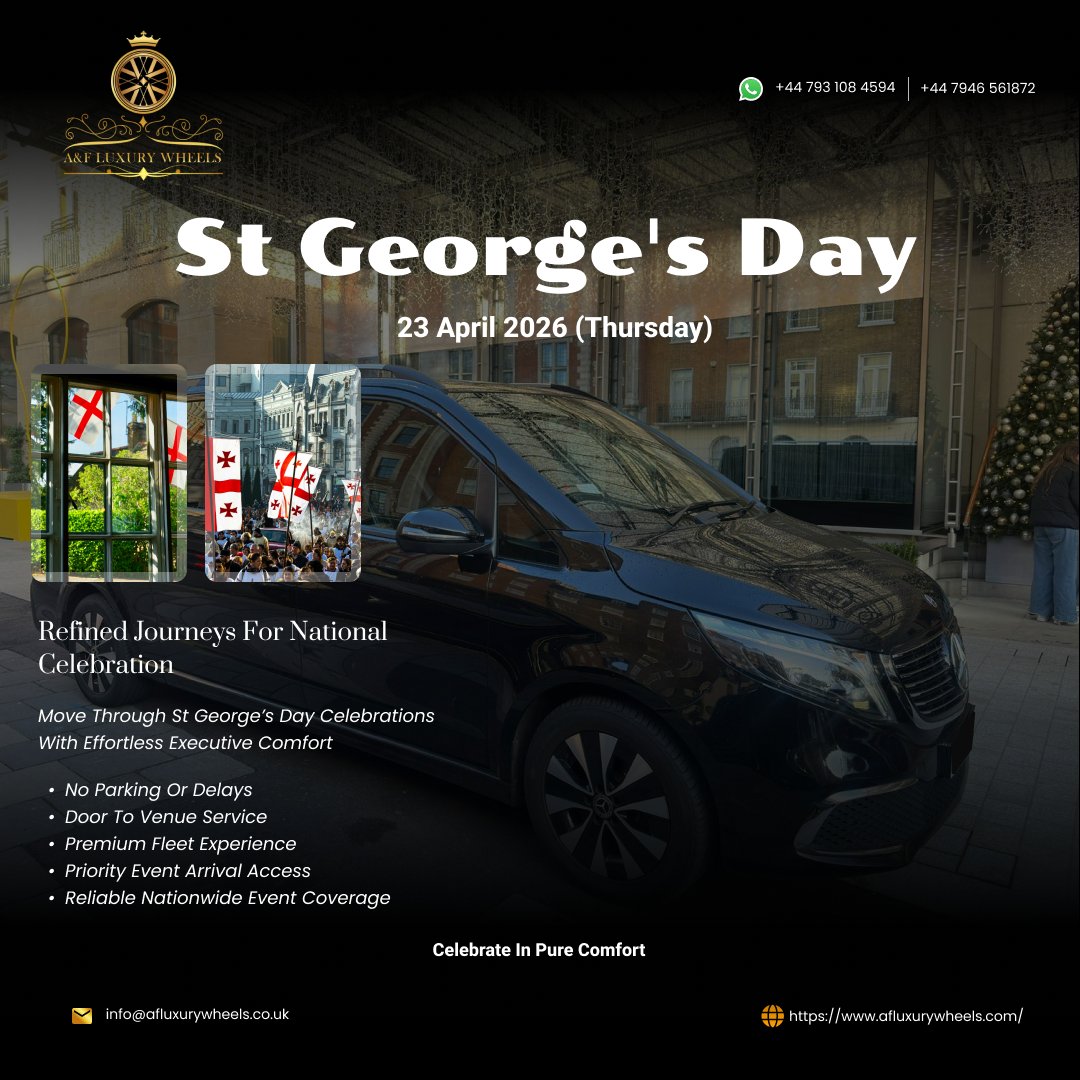 afluxurywheels's tweet image. #A&amp;amp;FLuxuryWheels's #ChauffeurService for #StGeorgesDay (April 23rd) across #London &amp;amp; #UK ensures seamless travel through closures, crowds &amp;amp; busy event zones with precision, comfort &amp;amp; punctuality,from #TrafalgarSquare to city centres #Nationwide.

Book: afluxurywheels.com/book-now/