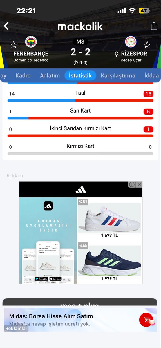 14 faul 1 sarı kart-16 faul 6 sarı kart 1 kırmızı kart.
Rezilsiniz!!!
#FBvRİZ